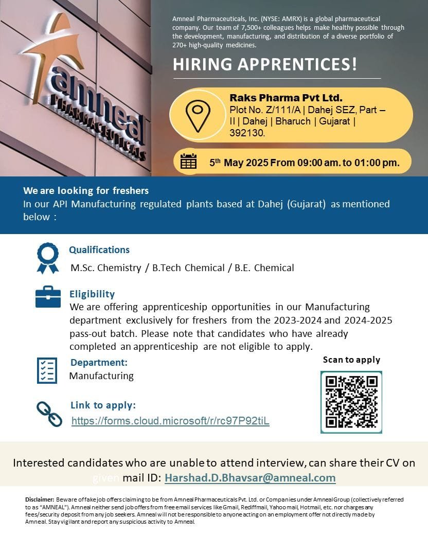 Walk-in interview for Freshers at Raks Pharma (Amneal) on 5th May 2025