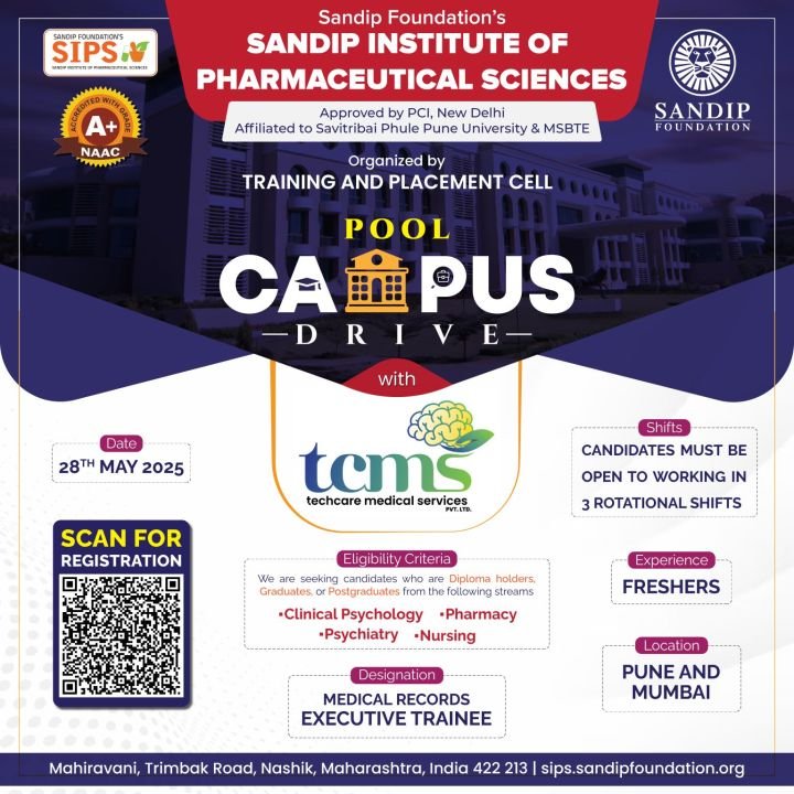 TCMS conducting pool campus drive for B Pharm/ M Pharm/ D Pharm Freshers on 28th May 2025