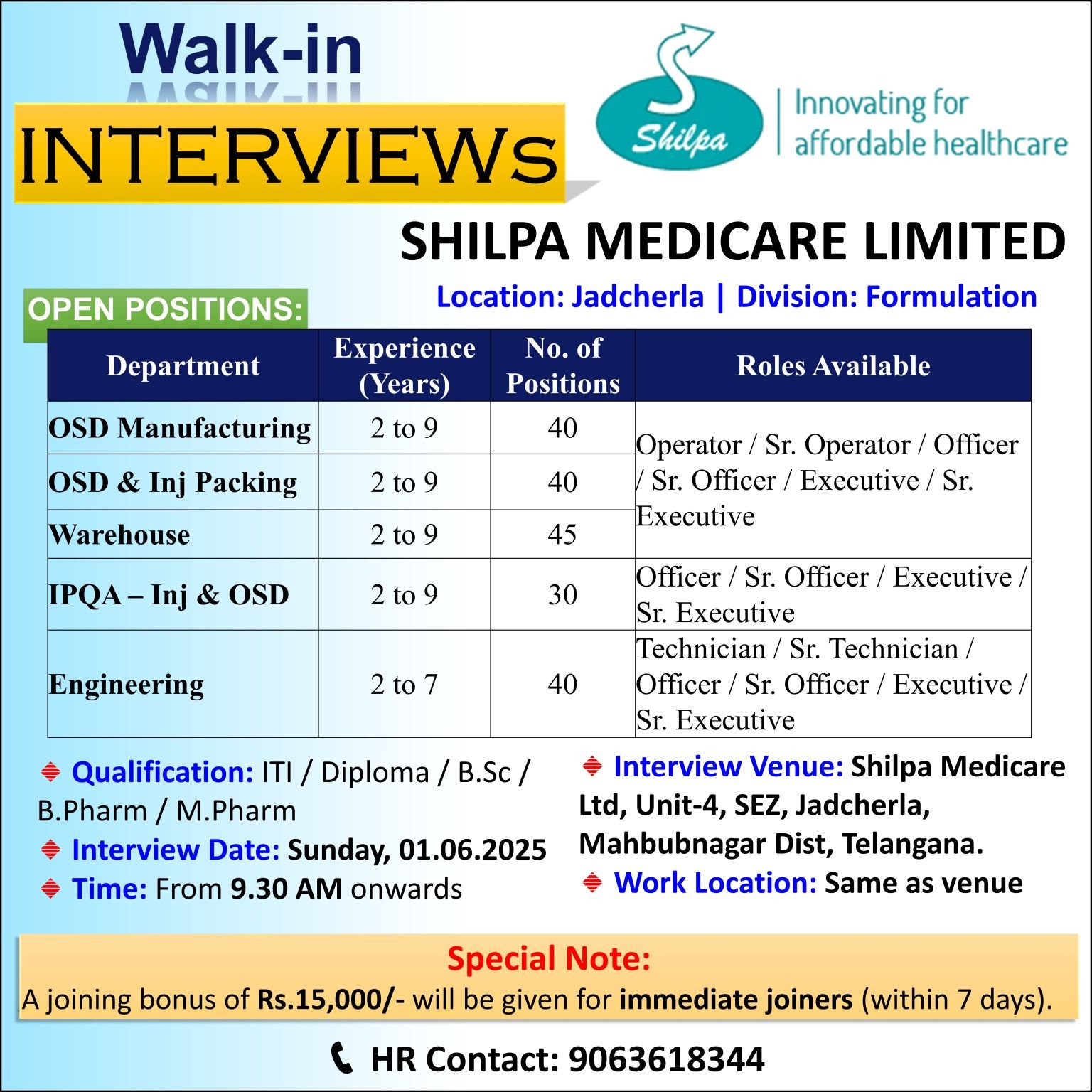 Shilpa Medicare Ltd - Walk-in for Manufacturing, Packing, IPQA, Warehouse, Engineering on 1st June 2025