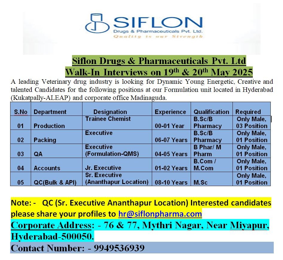 Siflon Drugs & Pharmaceuticals Pvt. Ltd - Walk-in for Production, Packing, QA, QC, Accounts on 19th, 20th May 2025