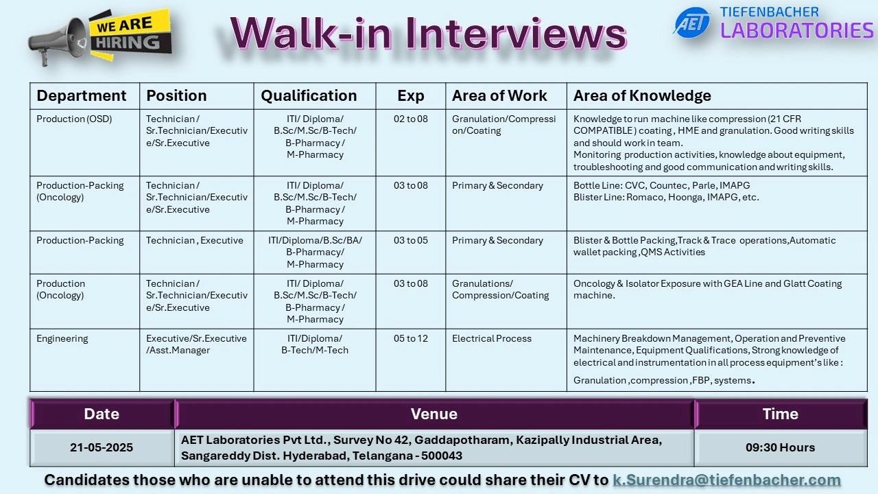 AET Laboratories - Walk-in for Production, Packing, Engineering on 21st May 2025