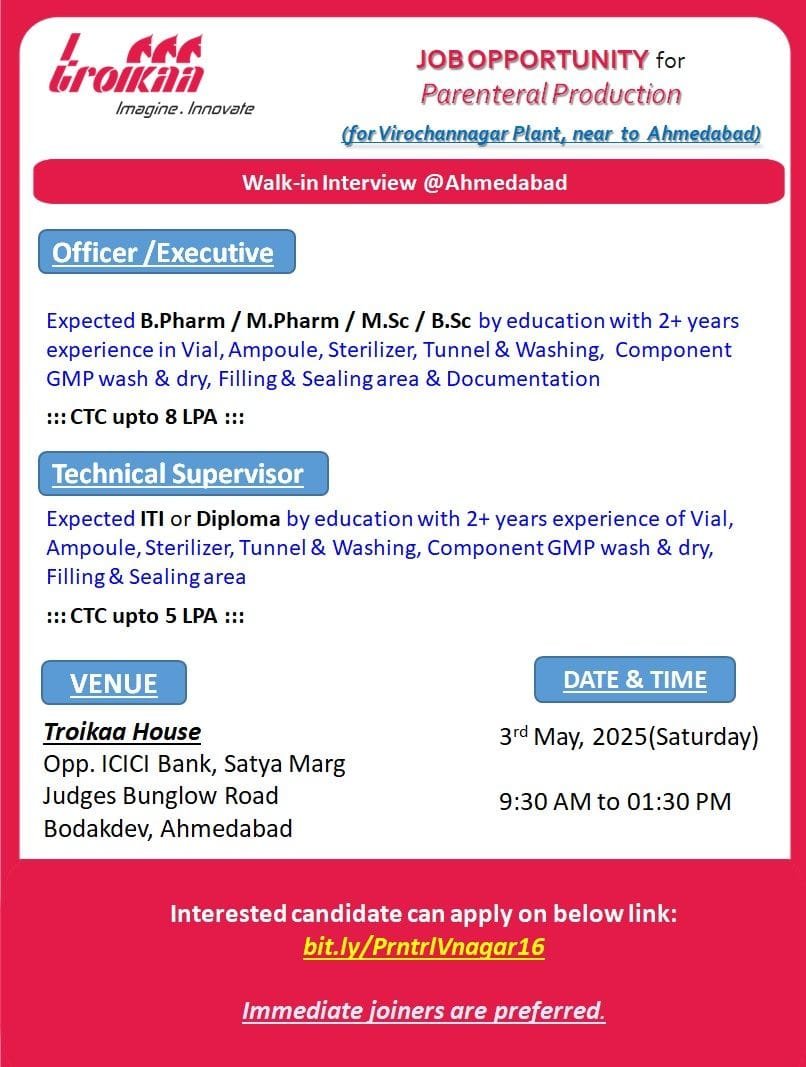 Troikaa Pharma - Walk-in for ITI, Diploma, BSc, MSc, B Pharm, M Pharm candidates on 3rd May 2025