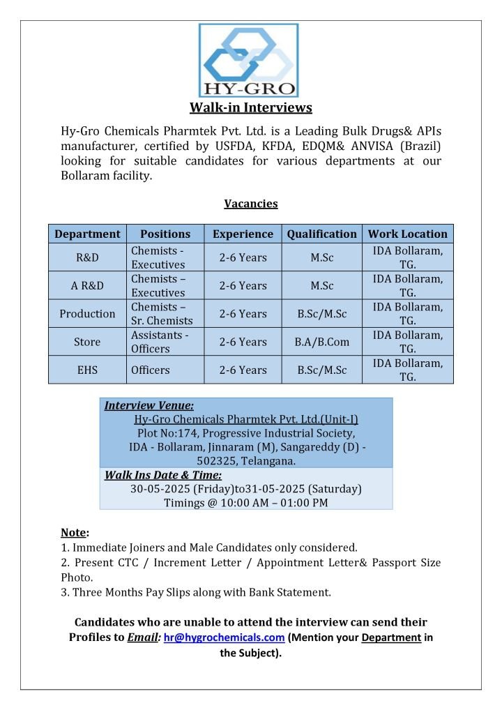  Hy-Gro chemicals - walk-in for Production, QA, QC, R&D, AR&D, EHS, Stores on 30th & 31st May 2025
