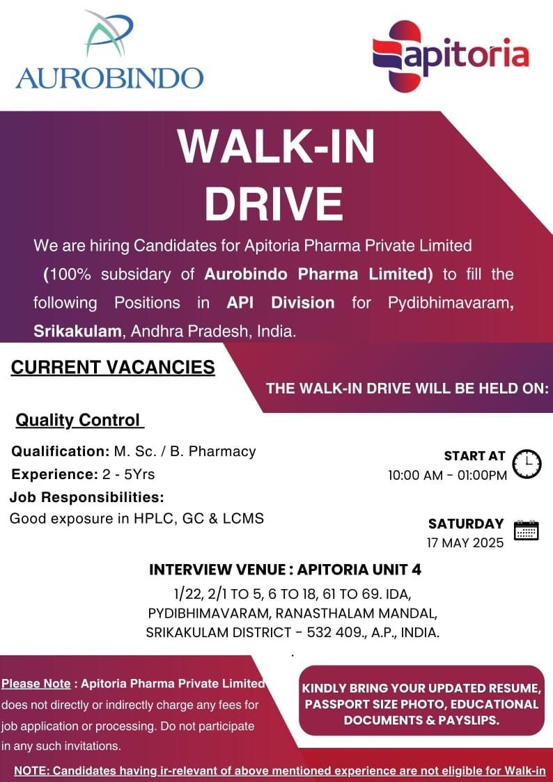Apitoria Pharma - Walk-in for QC department on 17th May 2025