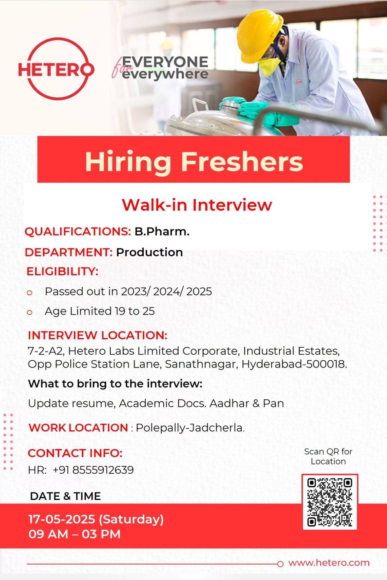 Hetero walk-in interview for Freshers on 17th May 2025