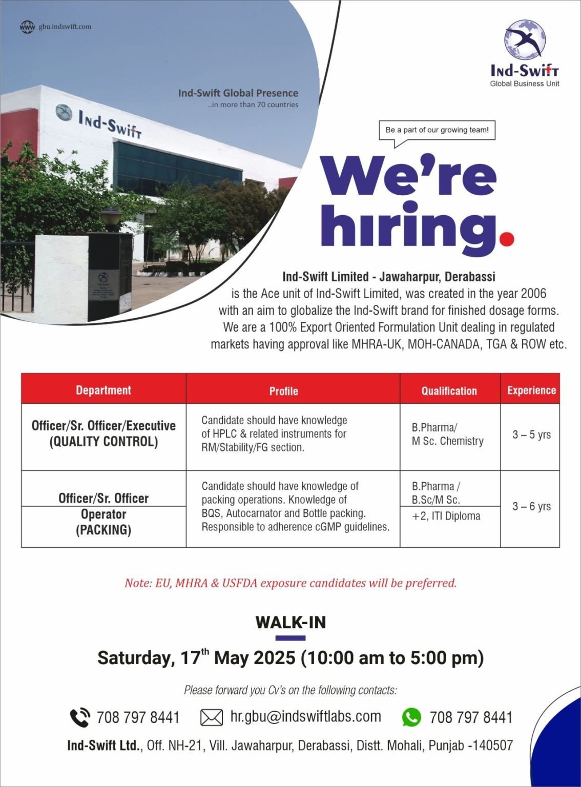 Ind-Swift Limited - Walk-in interview for Packing/ QC on 17th May 2025